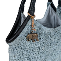 Beuteltasche aus Bast Handarbeit grau Lederhenkel – 4