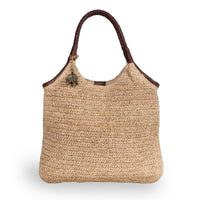 Beuteltasche aus Bast Handarbeit natur Lederhenkel – 1