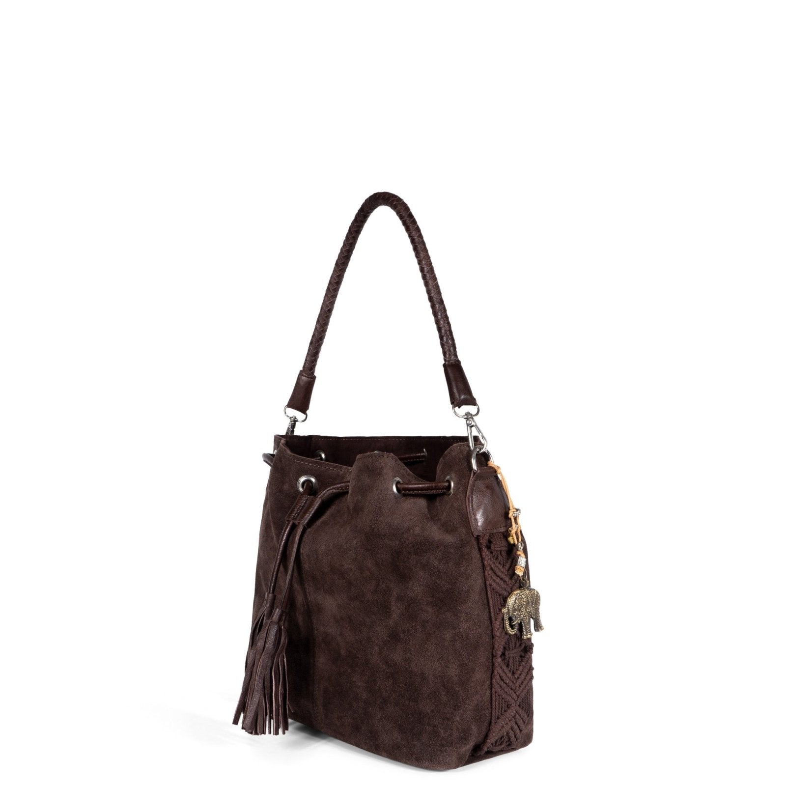 Beutel Handtasche Makramee Velourleder braun - ANOKHI