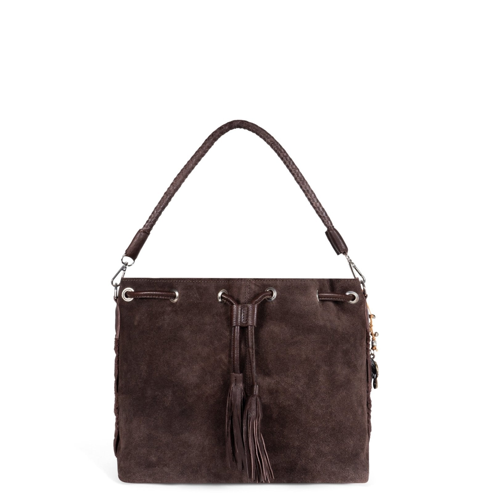 Beutel Handtasche Makramee Velourleder braun - ANOKHI