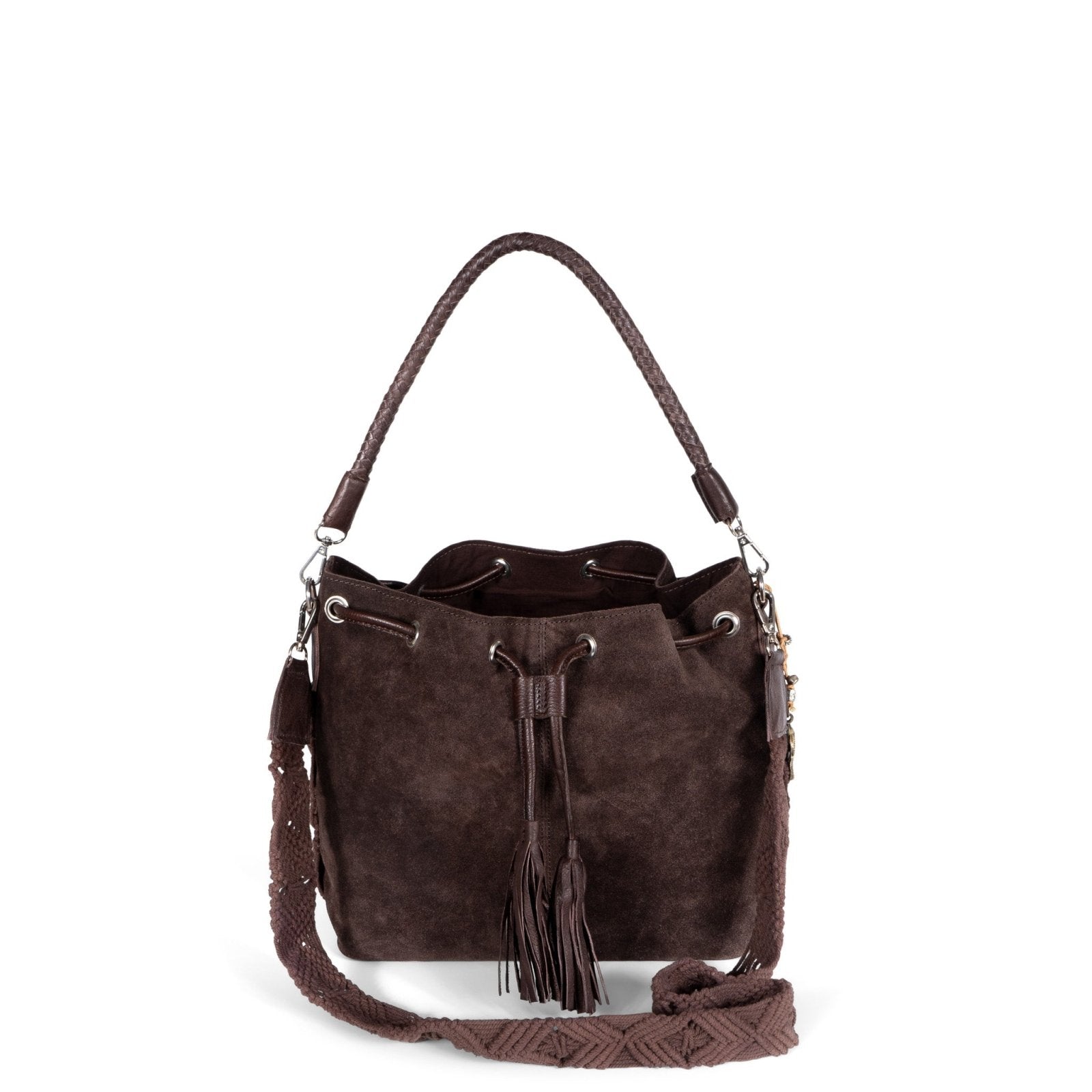 Beutel Handtasche Makramee Velourleder braun - ANOKHI