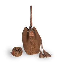 Beutel Handtasche Makramee Velourleder cognac - ANOKHI