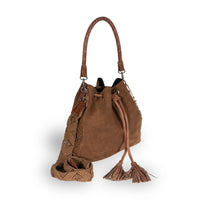 Beutel Handtasche Makramee Velourleder cognac - ANOKHI