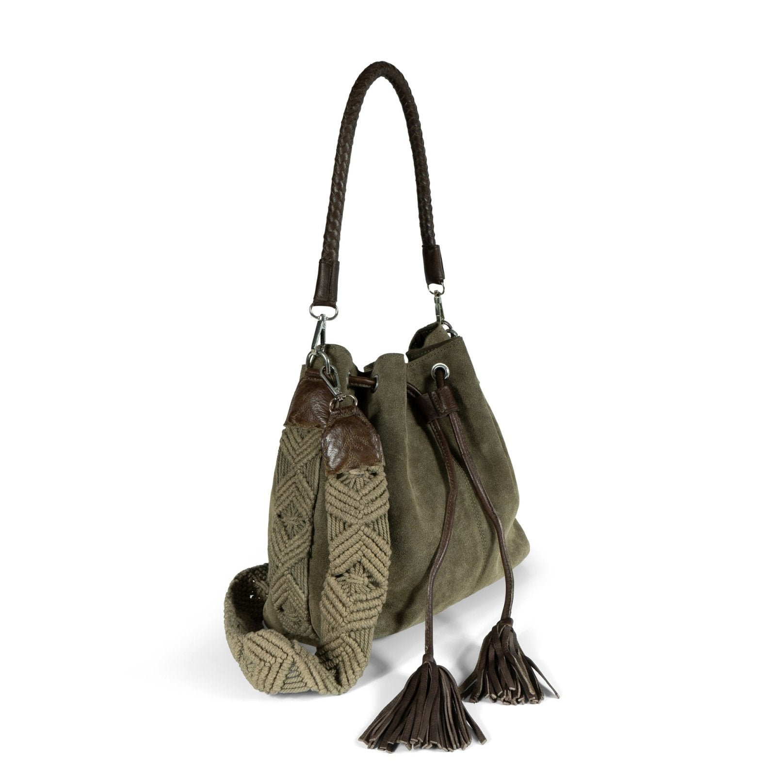 Beutel Handtasche Makramee Velourleder olive - ANOKHI