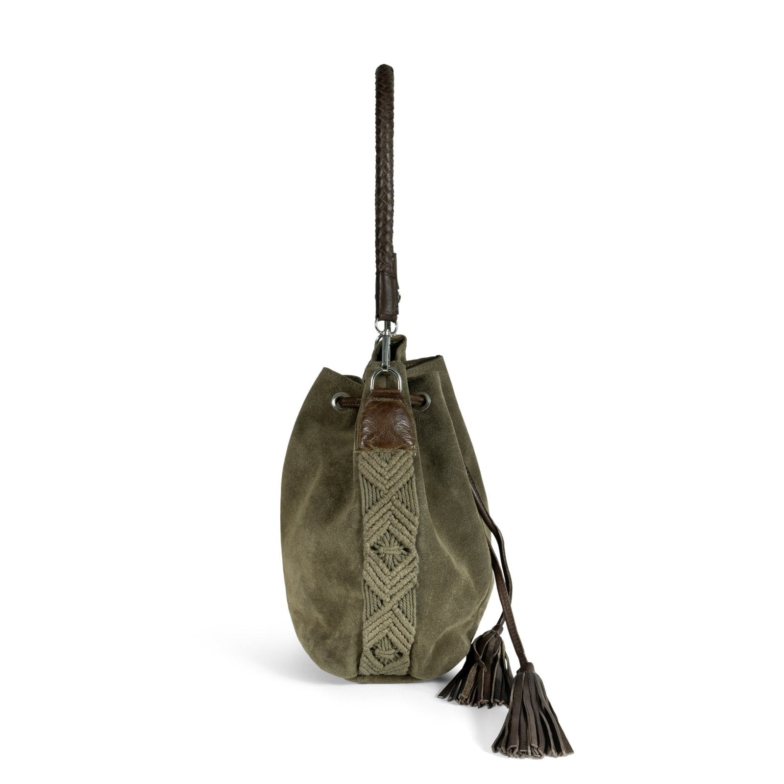 Beutel Handtasche Makramee Velourleder olive - ANOKHI