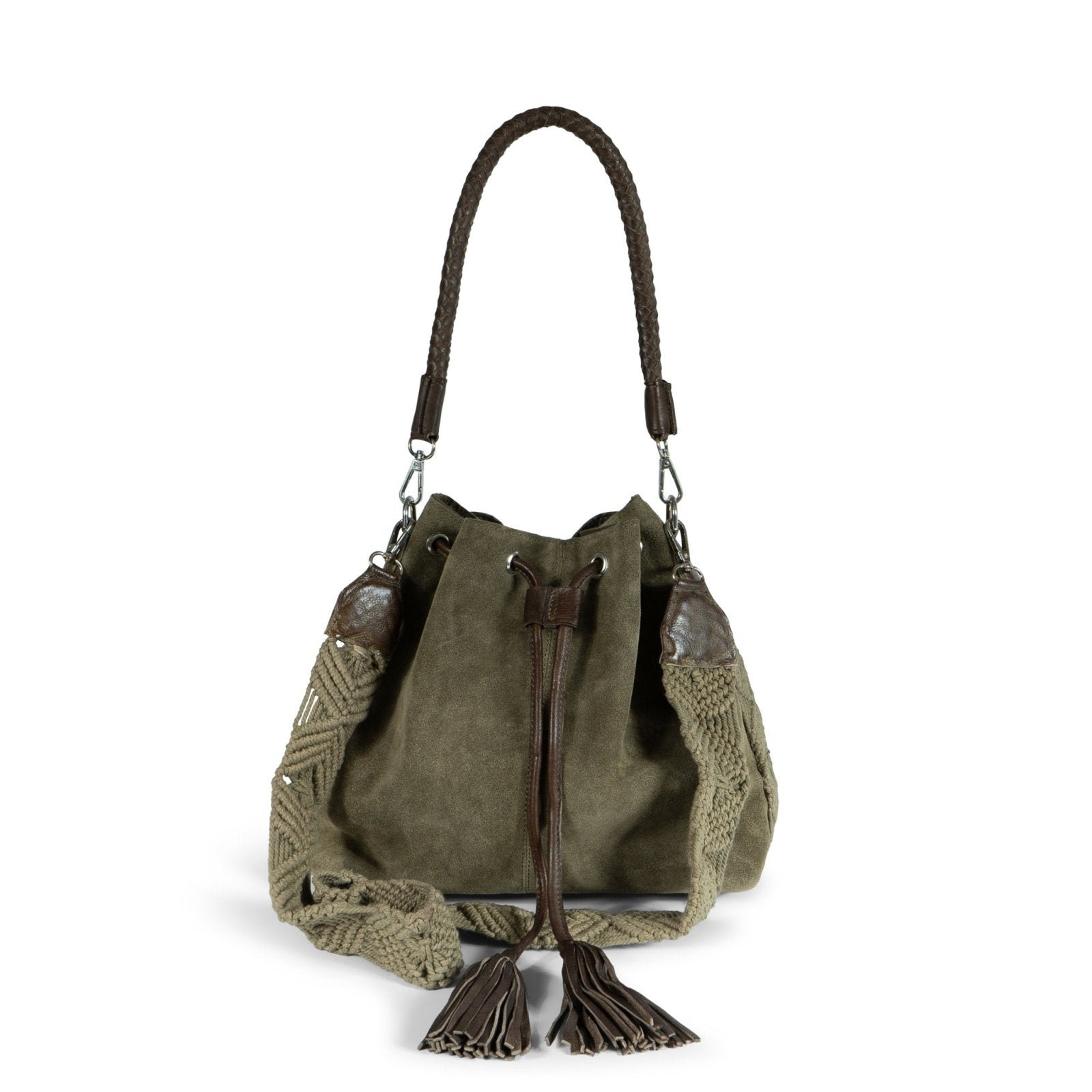 Beutel Handtasche Makramee Velourleder olive - ANOKHI