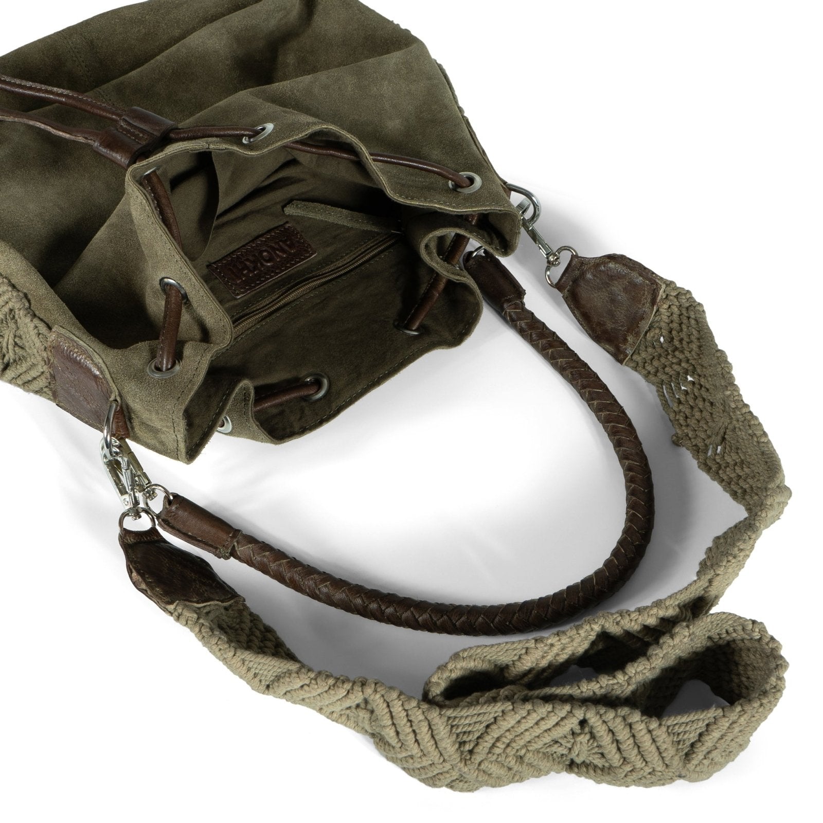 Beutel Handtasche Makramee Velourleder olive - ANOKHI