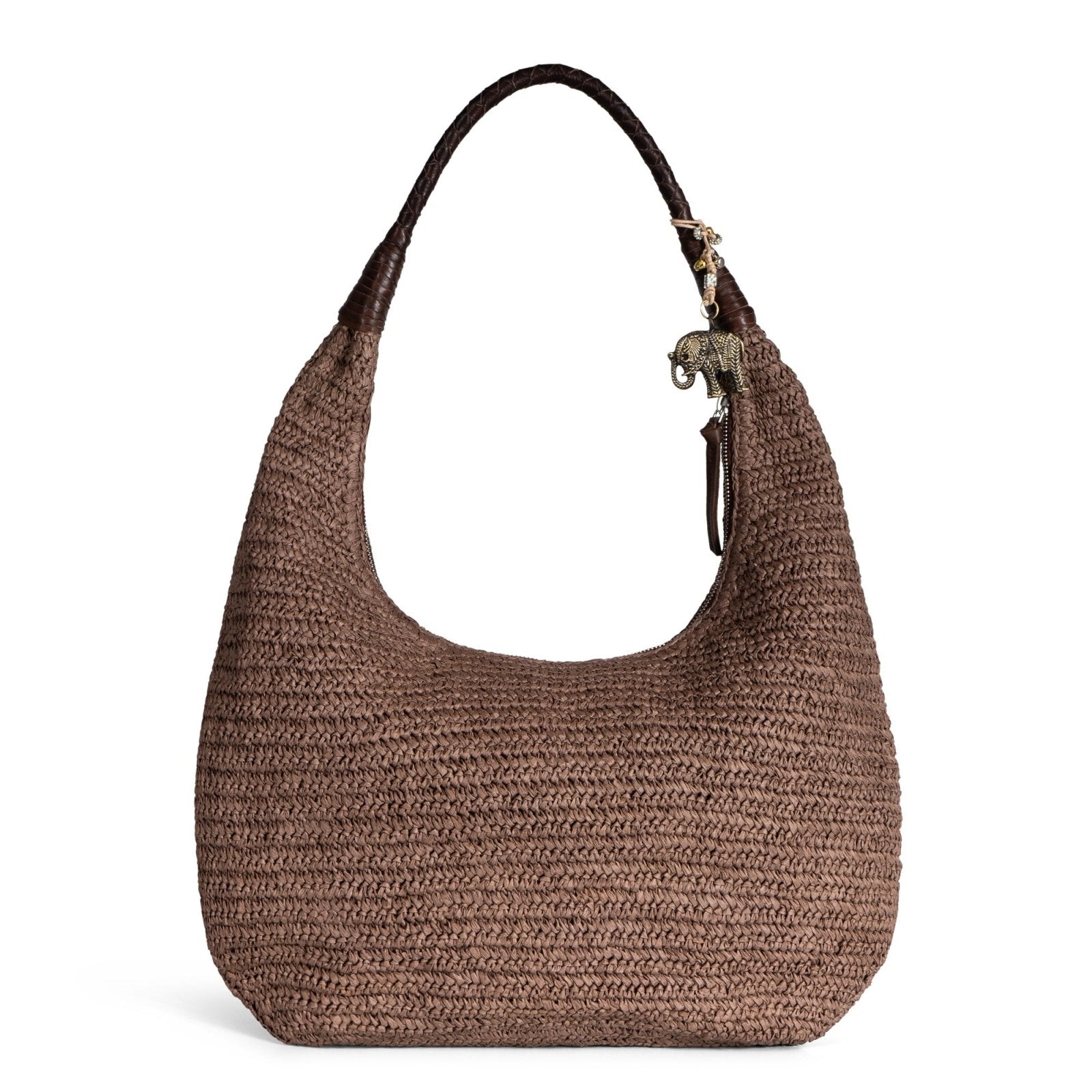 Beuteltasche aus Bast Handarbeit braun Lederhenkel - ANOKHI