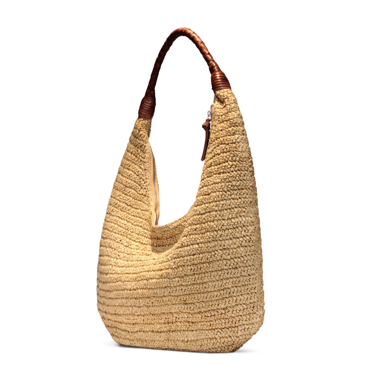 Beuteltasche aus Bast Handarbeit natur Lederhenkel - ANOKHI