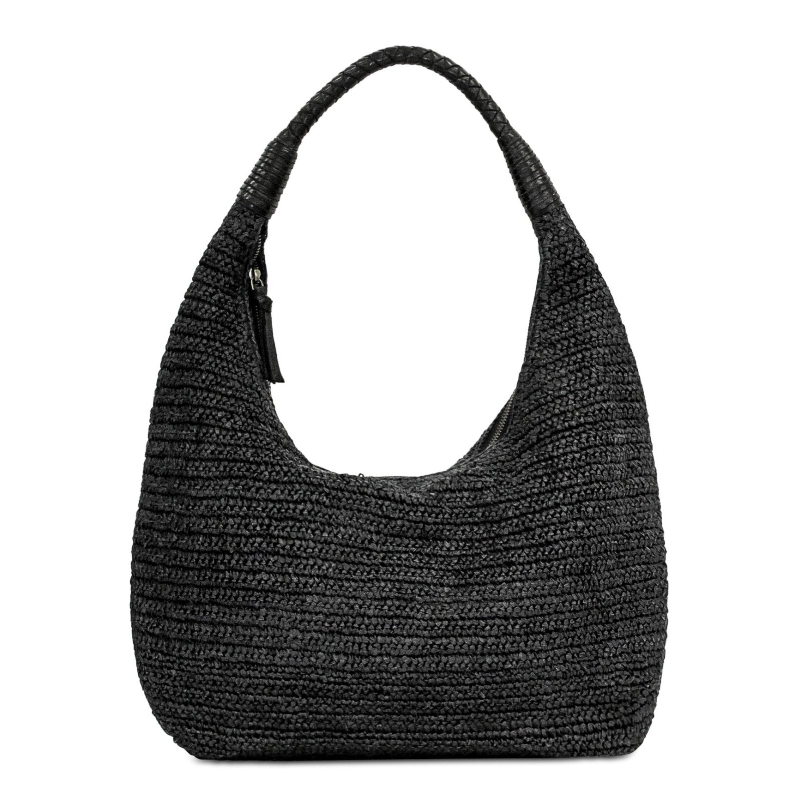 Beuteltasche aus Bast Handarbeit schwarz Lederhenkel - ANOKHI