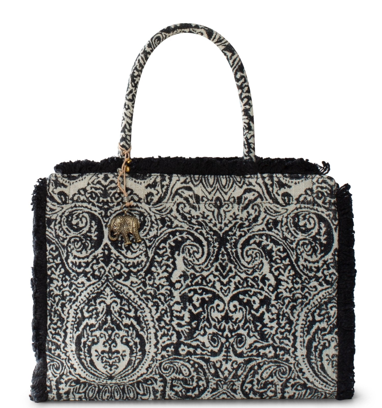 Book Tote aus Jacquard mit Paisley - Muster und Fransen im Boho - Stil - ANOKHI