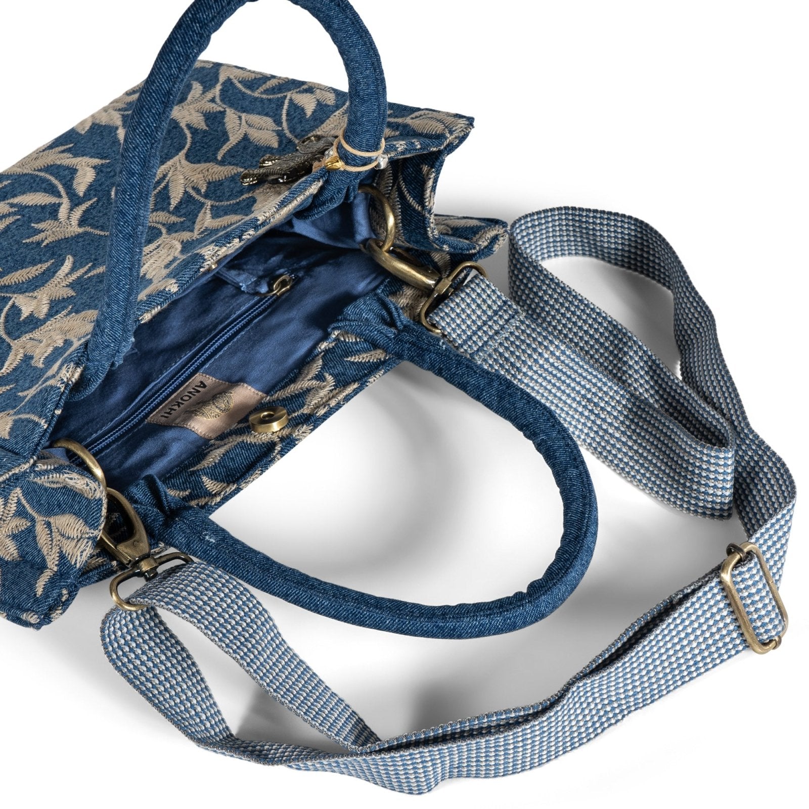 Book Tote Crochet mittlere Größe Blue Denim Blumenstick beige - ANOKHI