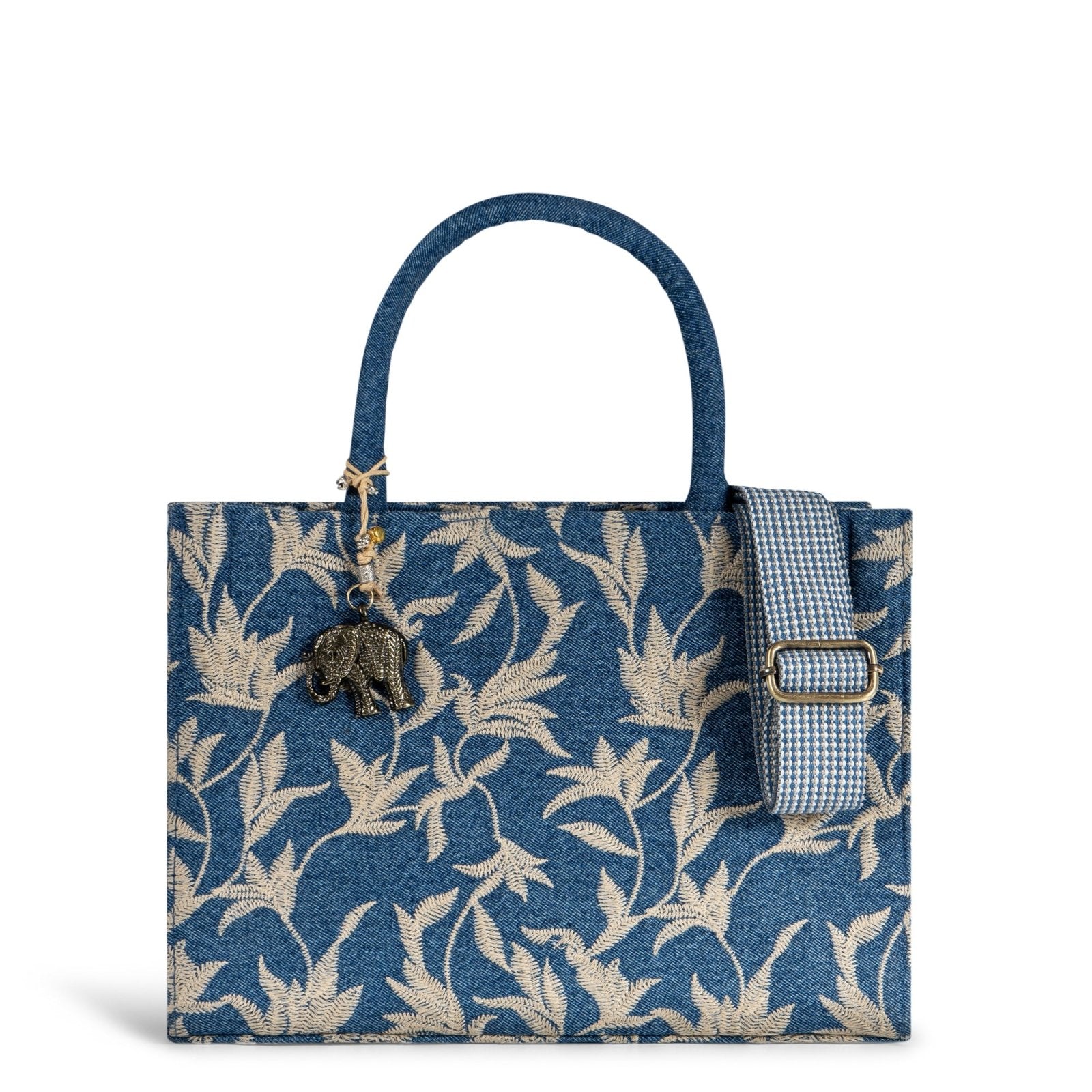 Book Tote Crochet mittlere Größe Blue Denim Blumenstick beige - ANOKHI