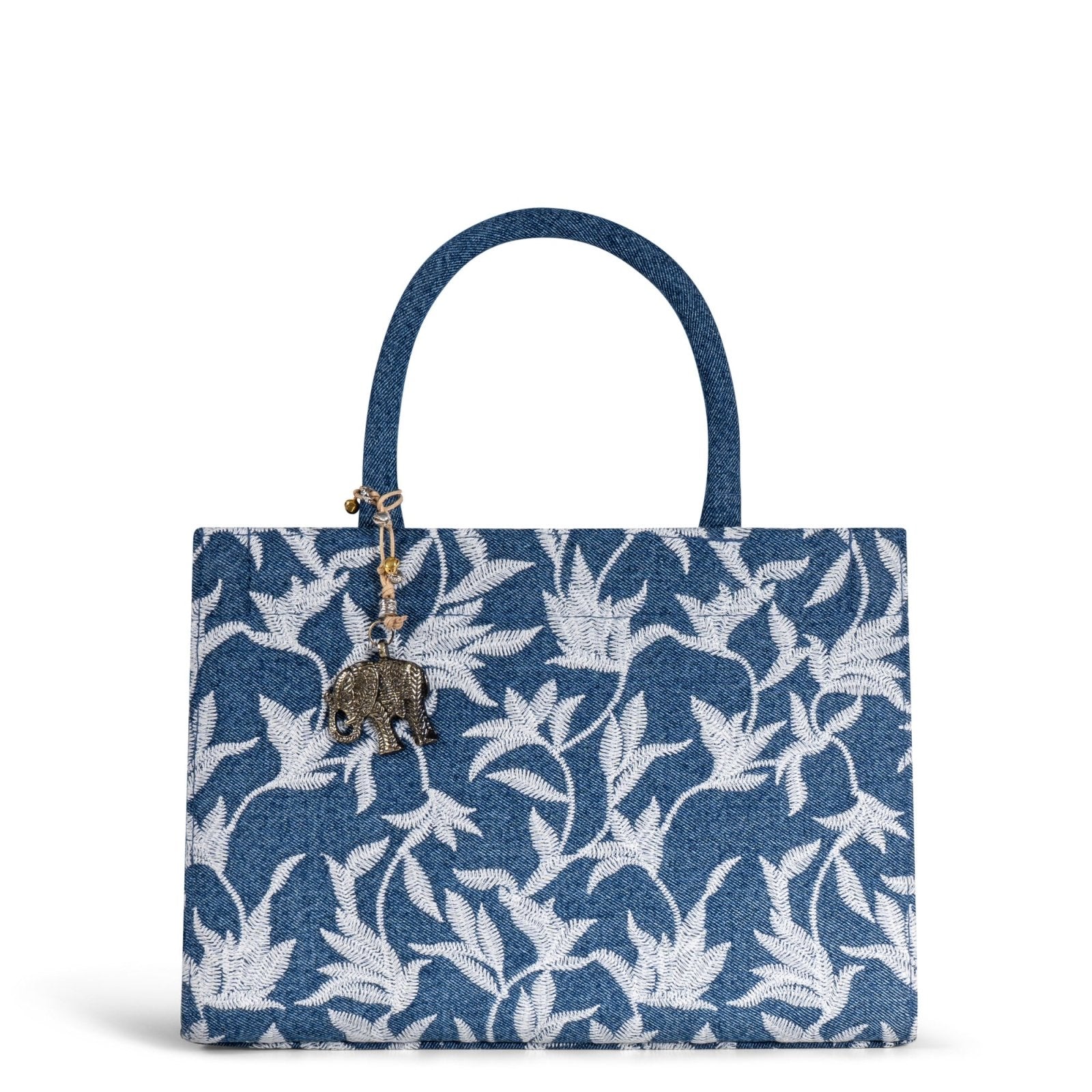 Book Tote Crochet mittlere Größe Blue Denim Blumenstick weiß - ANOKHI