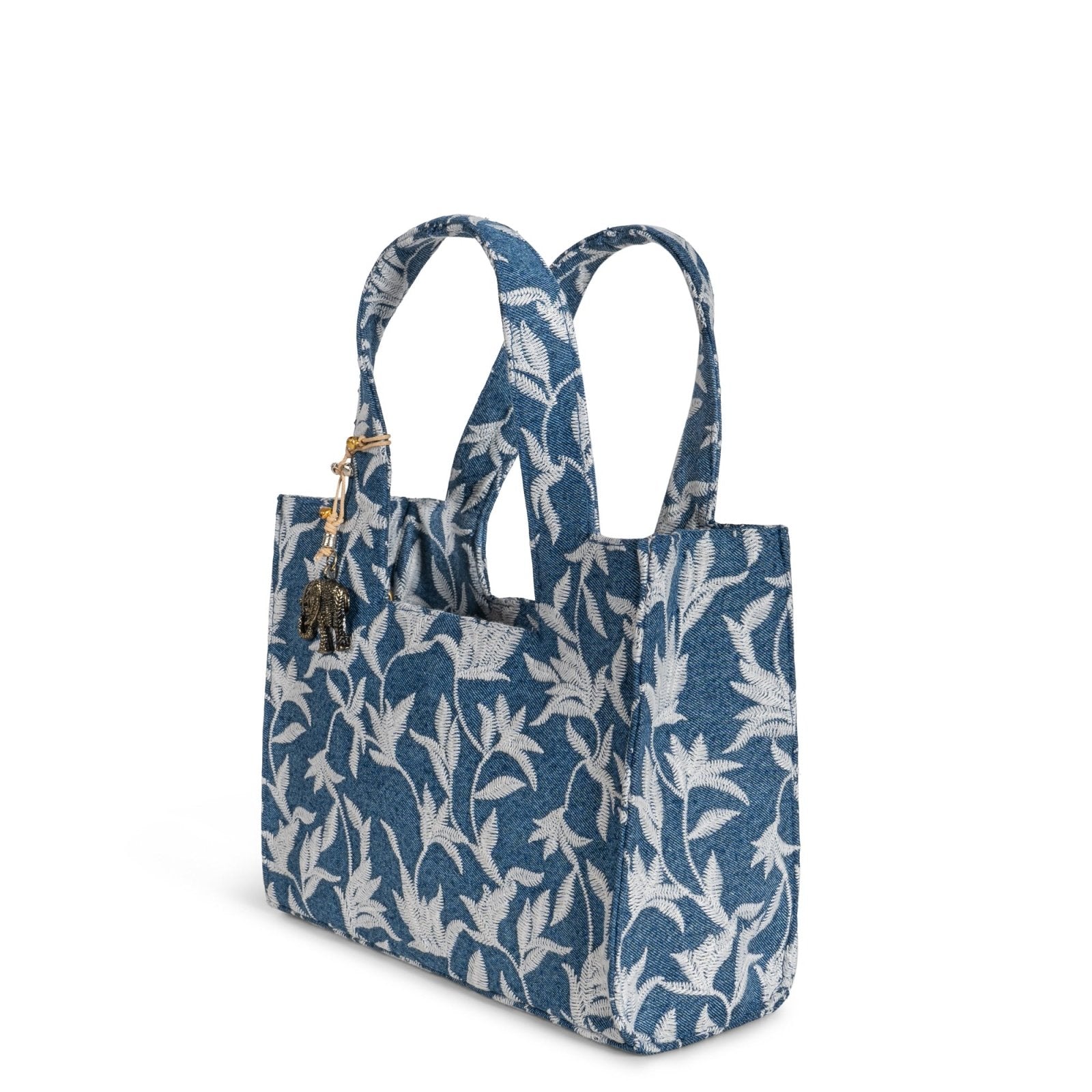 Book Tote klein Blue Denim Blumenstick weiß - ANOKHI
