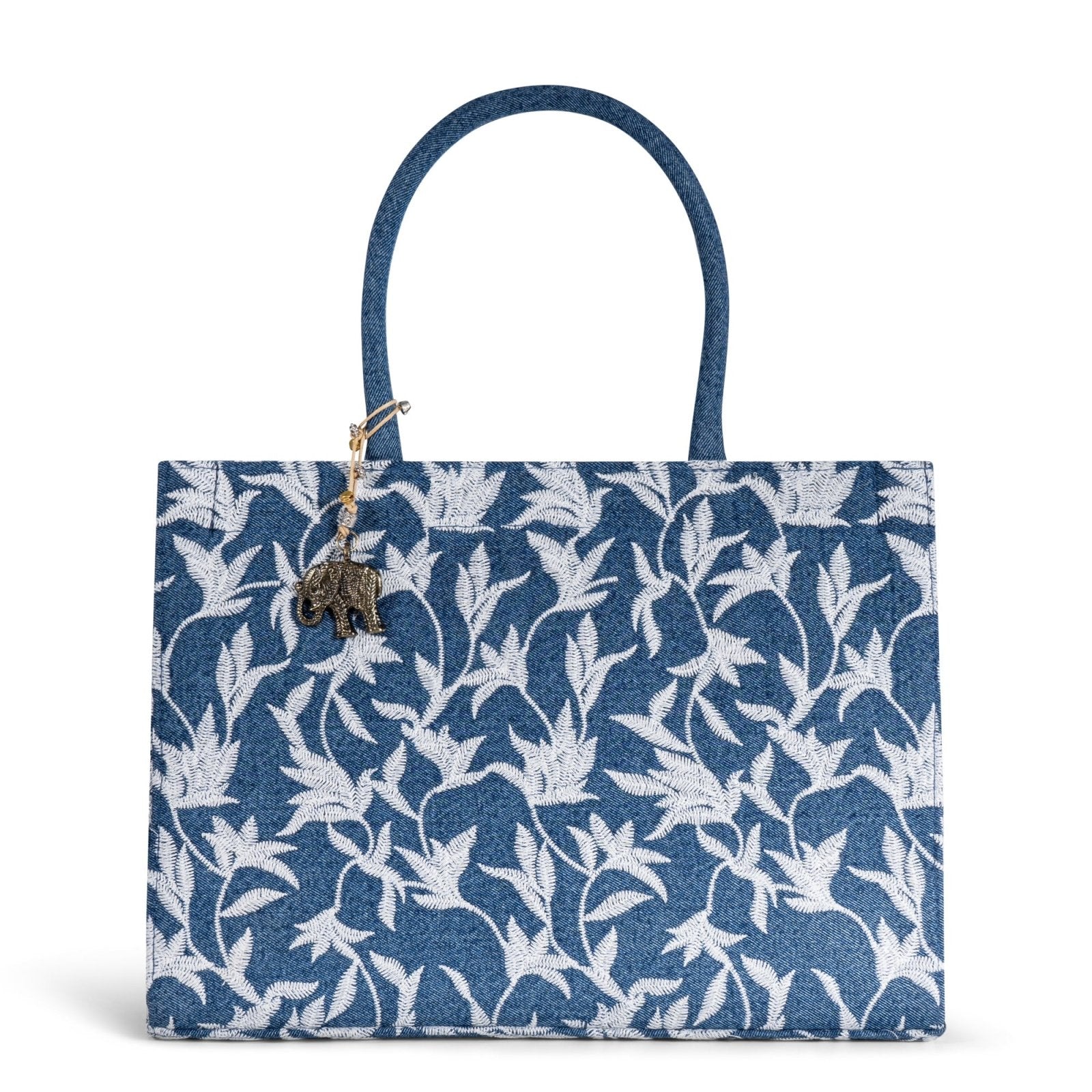 Book Tote Large Blue Denim Blumenstick weiß - ANOKHI