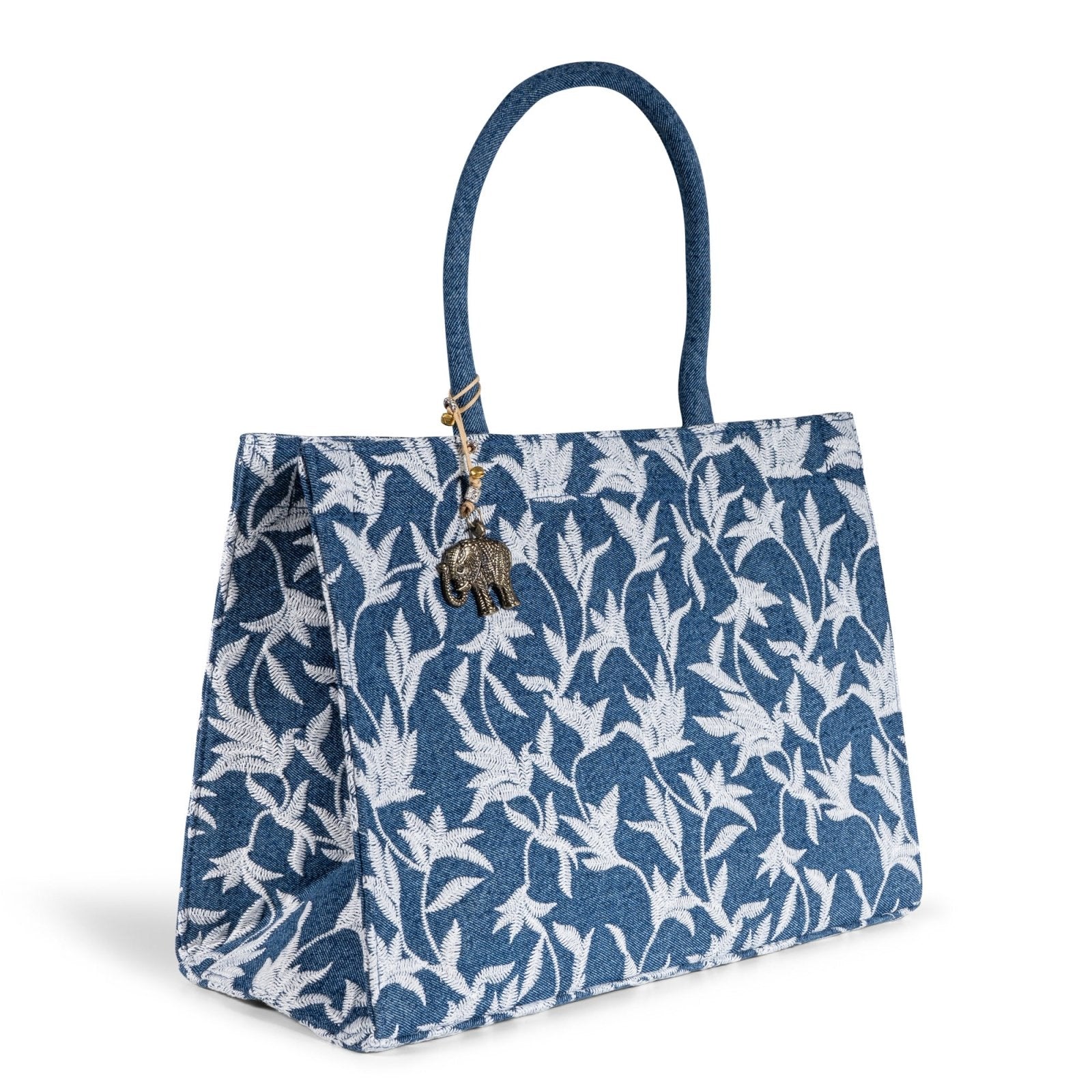Book Tote Large Blue Denim Blumenstick weiß - ANOKHI
