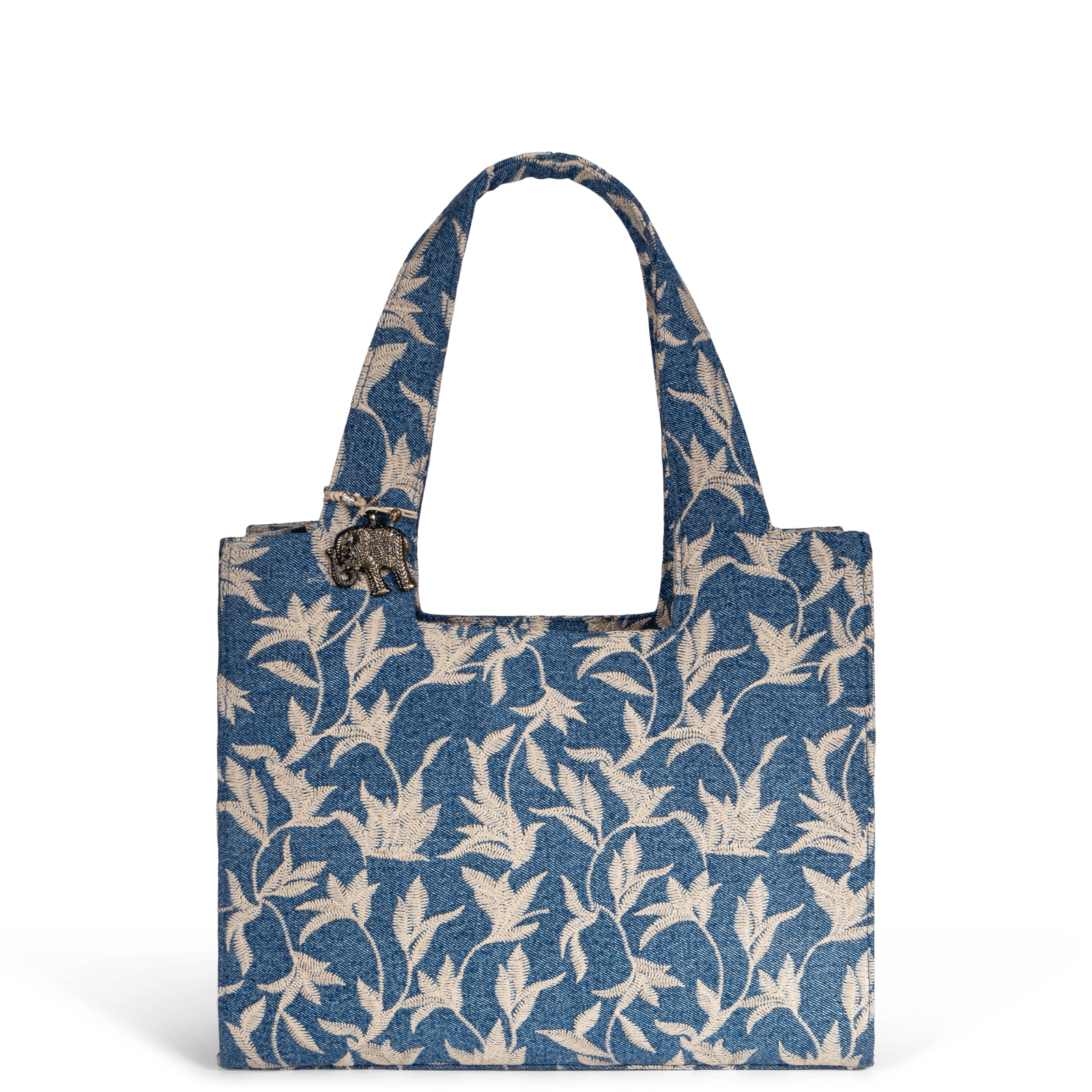 Book Tote mittlere Größe Blue Denim Blumenstick beige - ANOKHI