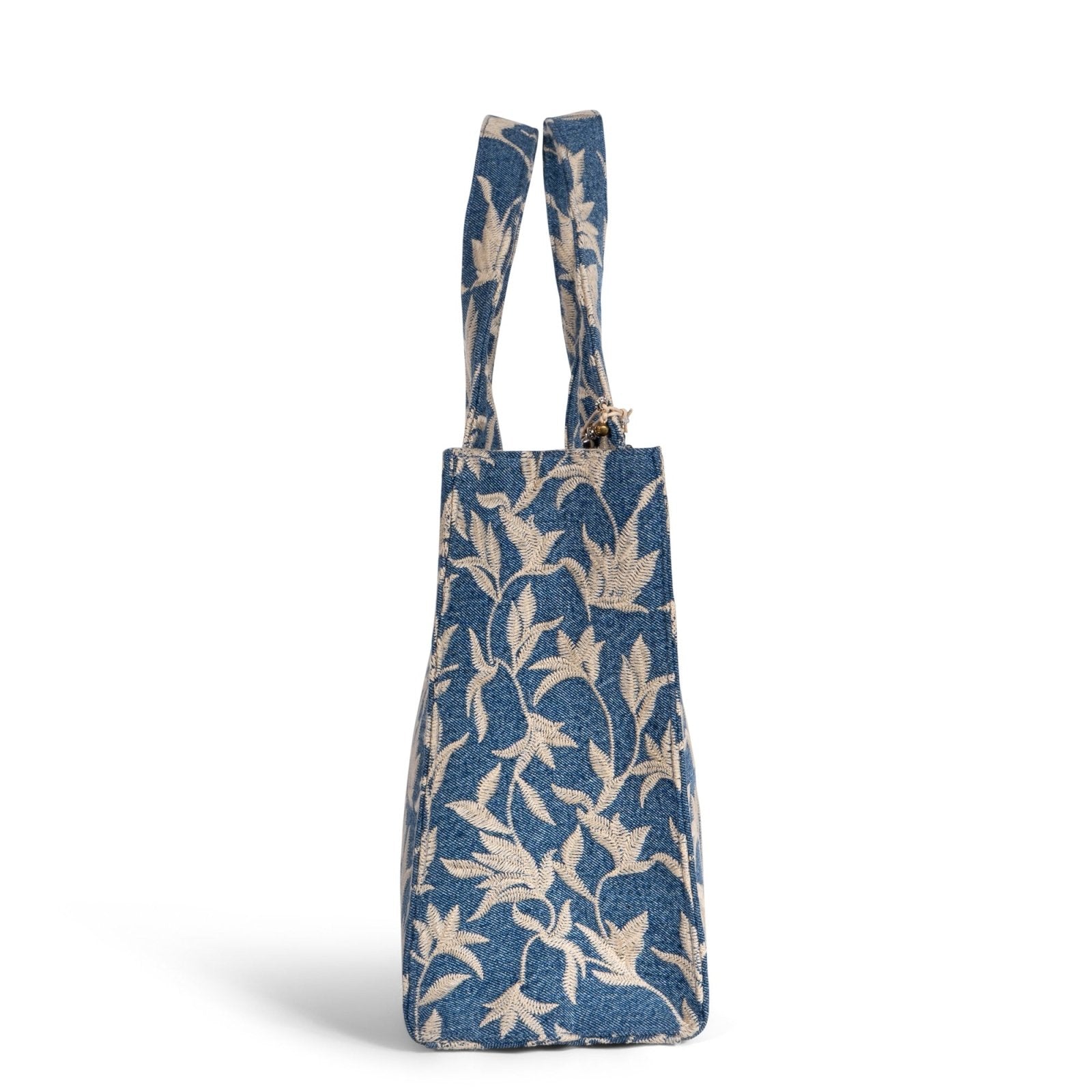 Book Tote mittlere Größe Blue Denim Blumenstick beige - ANOKHI