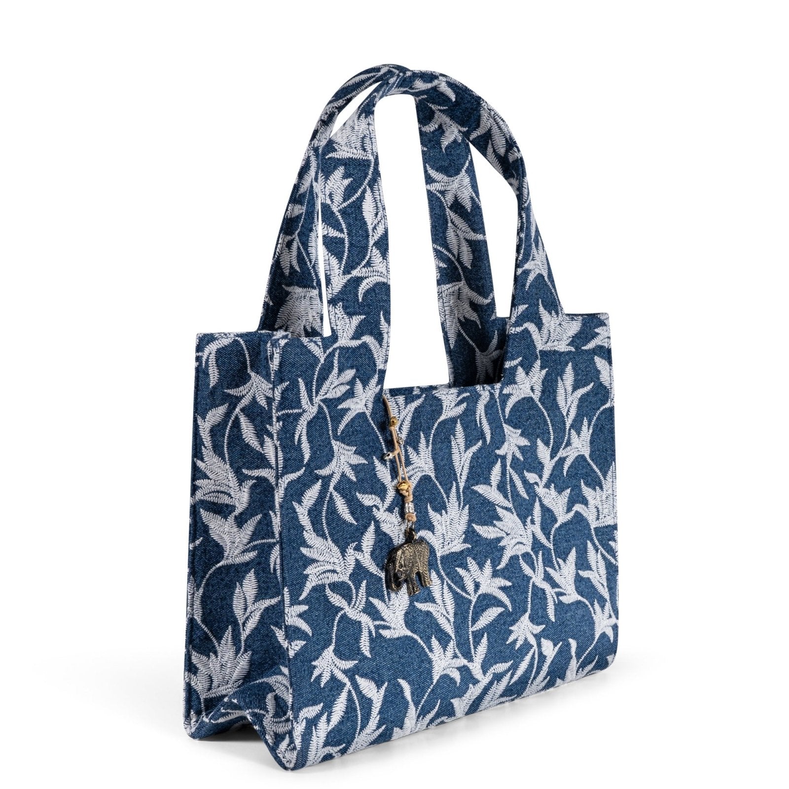 Book Tote mittlere Größe Blue Denim Blumenstick weiß - ANOKHI