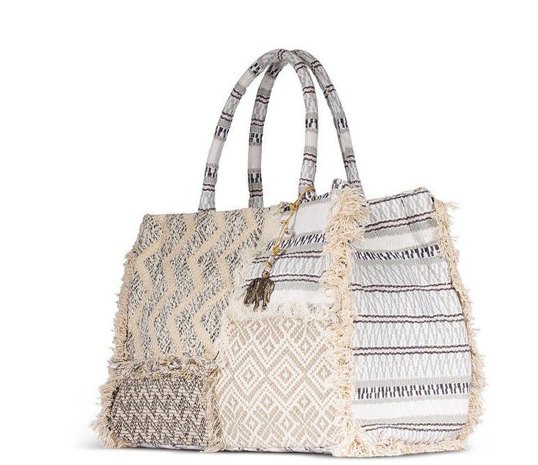 Book Tote Tasche patchwork Fransen weiss - ANOKHI