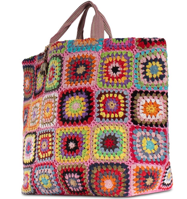 Bunte Patchwork Tasche im Häkel – Look – Boho Stil aus Textil - ANOKHI