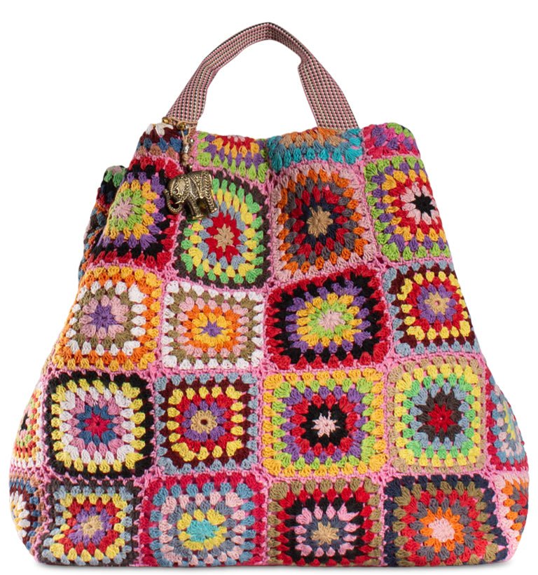 Bunte Patchwork Tasche im Häkel – Look – Boho Stil aus Textil - ANOKHI