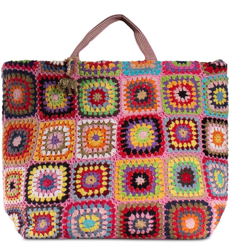 Bunte Patchwork Tasche im Häkel – Look – Boho Stil aus Textil - ANOKHI
