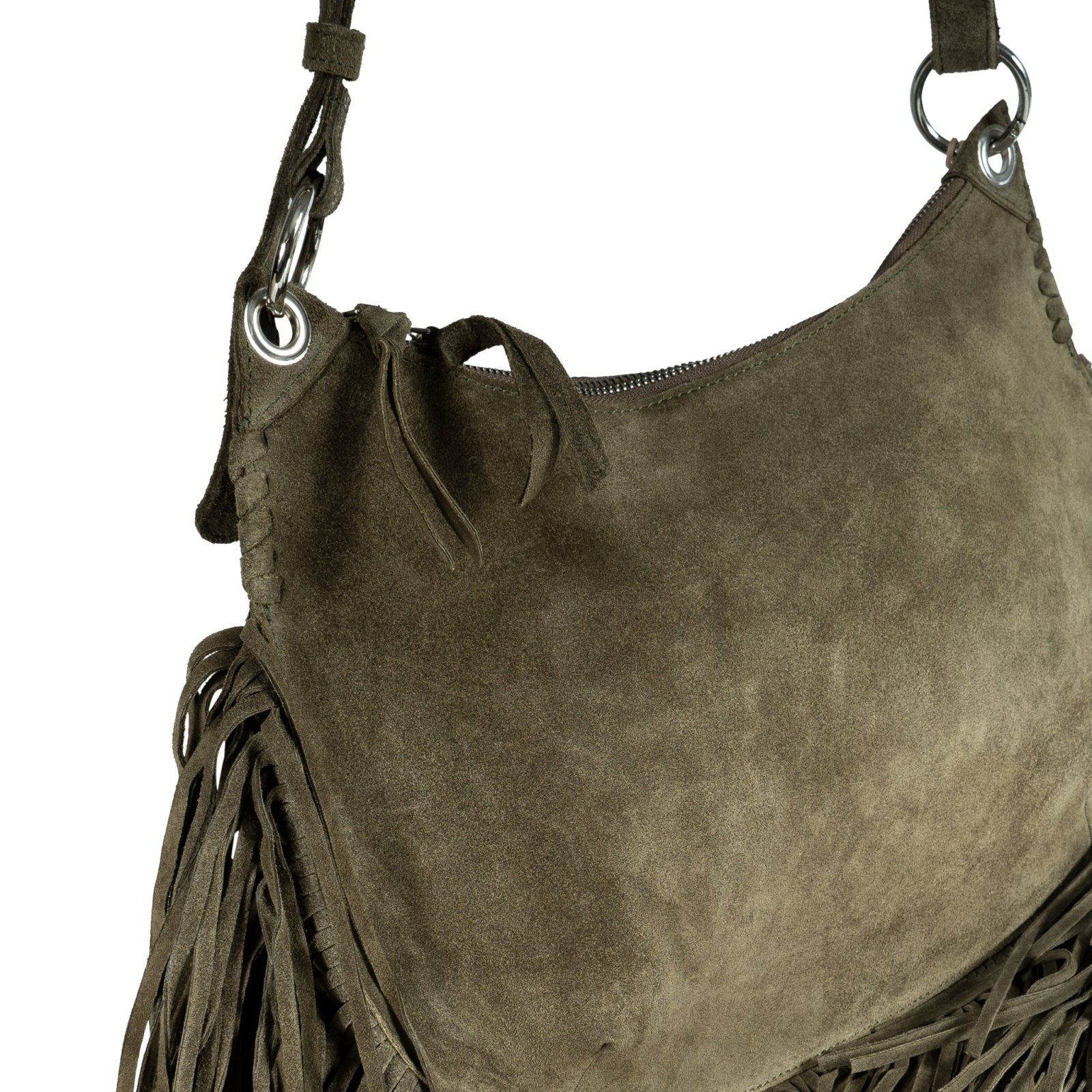 Fransentasche Crossbody Velourleder olive - ANOKHI