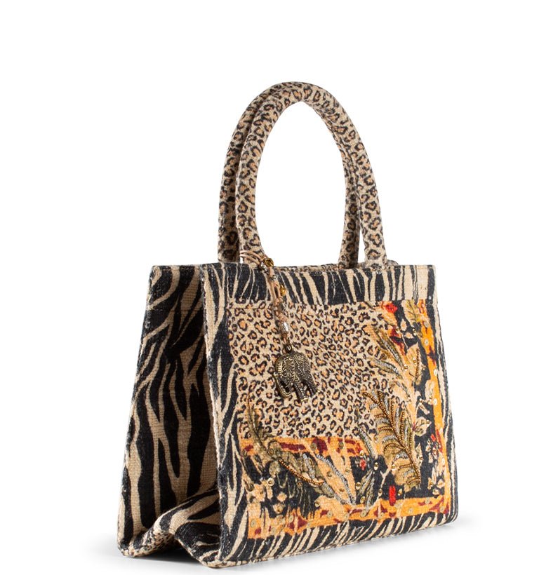 Glamour Tote mit Palmen–Stickerei & Animalprint – Anokhi - ANOKHI