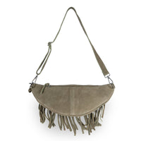 Große Belt Bag Velourleder Fransen olive - ANOKHI