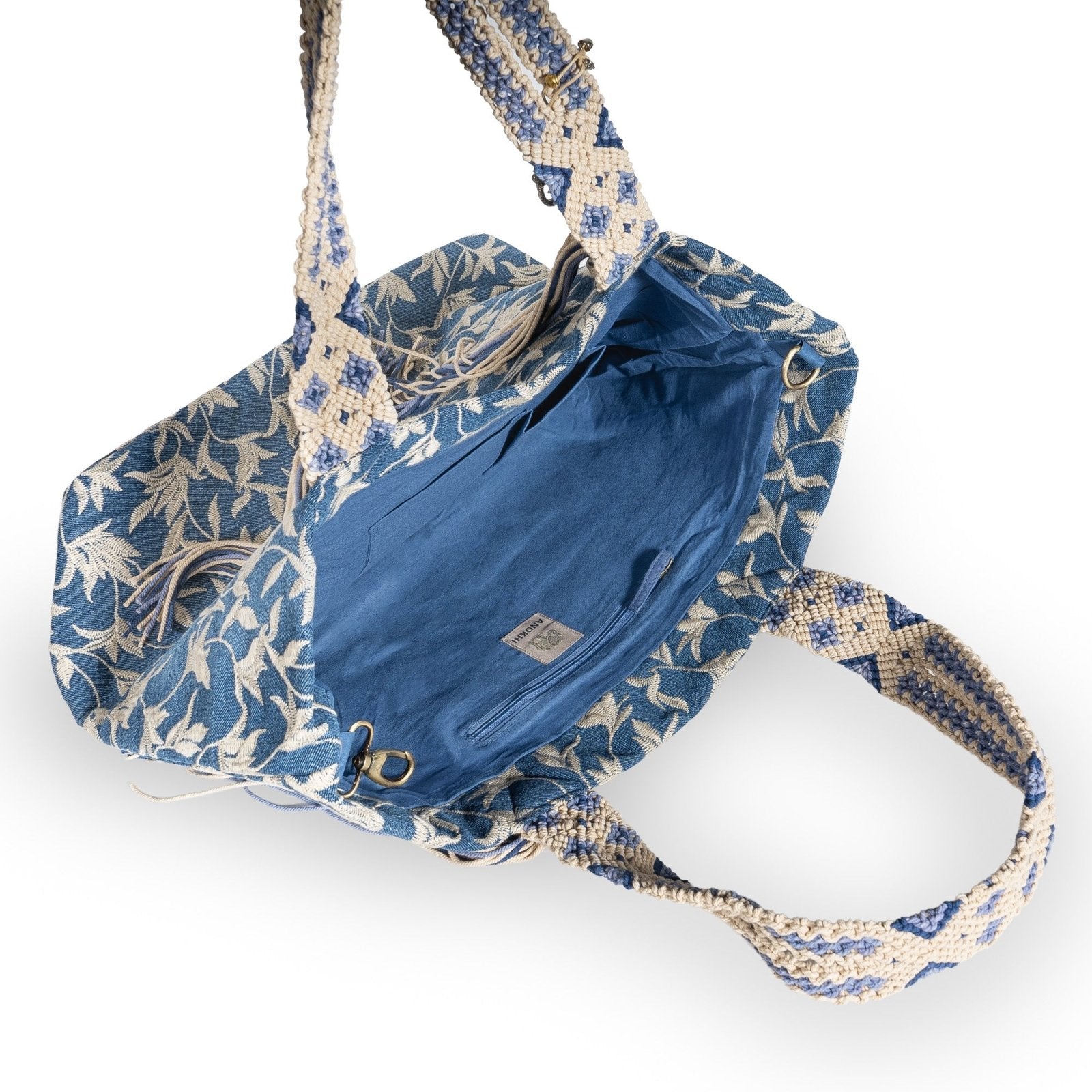 Großer Shopper Blue Denim Blumestick Makramee - ANOKHI