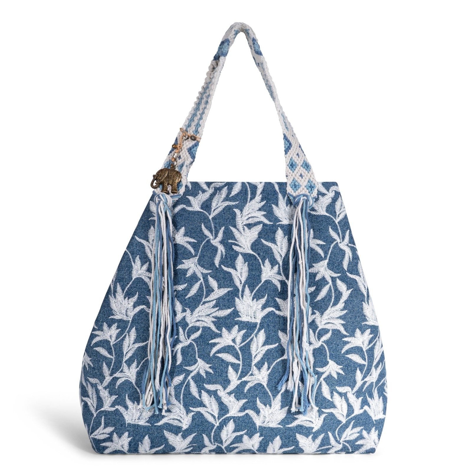 Großer Shopper Blue Denim Blumestick Makramee - ANOKHI