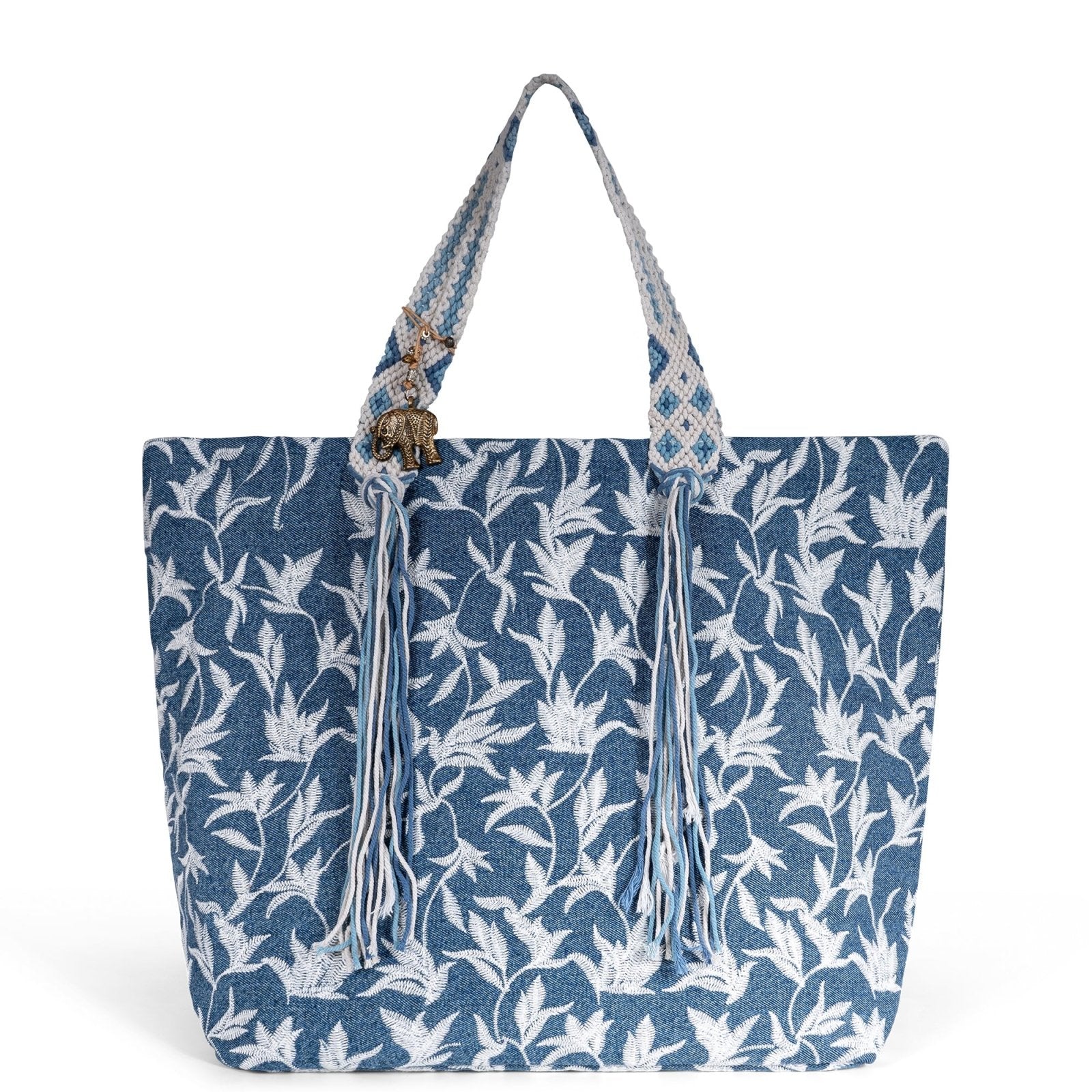 Großer Shopper Blue Denim Blumestick Makramee - ANOKHI