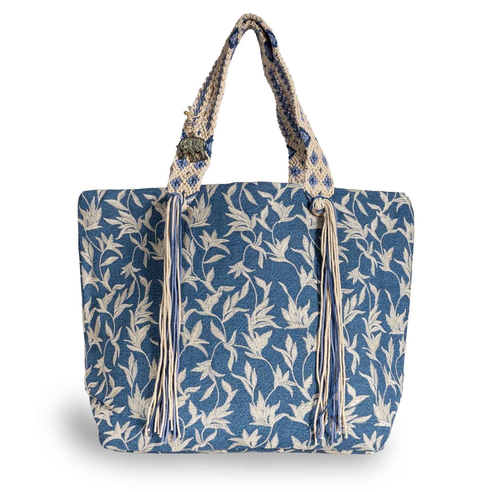 Großer Shopper Blue Denim Blumestick Makramee - ANOKHI