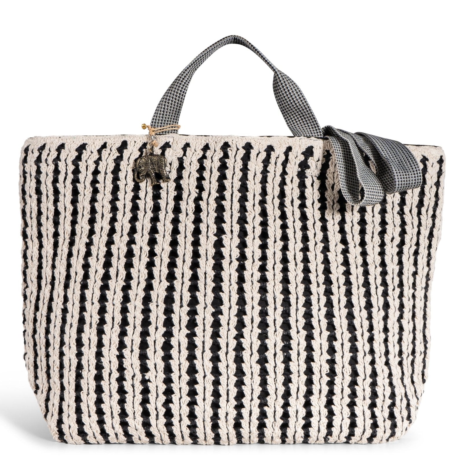 Großer Shopper gehäkelt Handarbeit off white schwarz - ANOKHI
