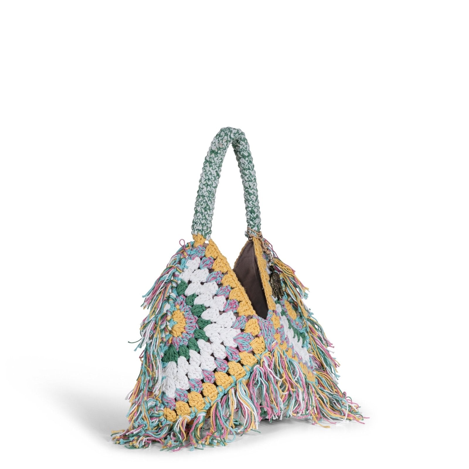 Hippie Bag Beuteltasche klein gehäkelt Handarbeit gelb multicolor Fransen - ANOKHI