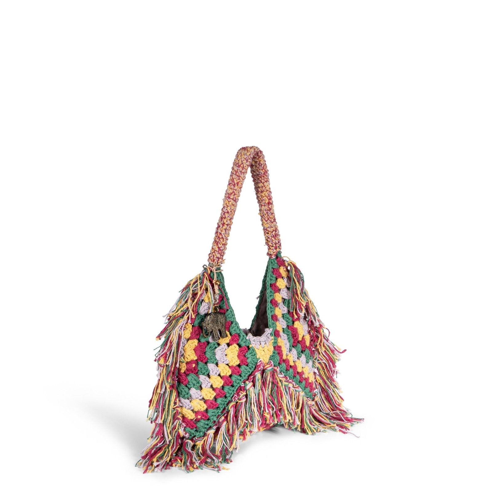Hippie Bag Beuteltasche klein gehäkelt Handarbeit multicolor Fransen - ANOKHI
