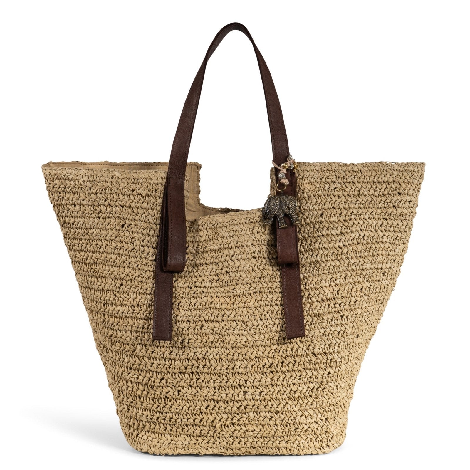 Shopper aus Bast Handarbeit natur Lederhenkel - ANOKHI