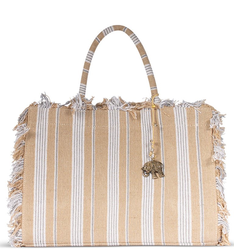 Shopper mit Fransen & Streifen in Natur – Anokhi - ANOKHI