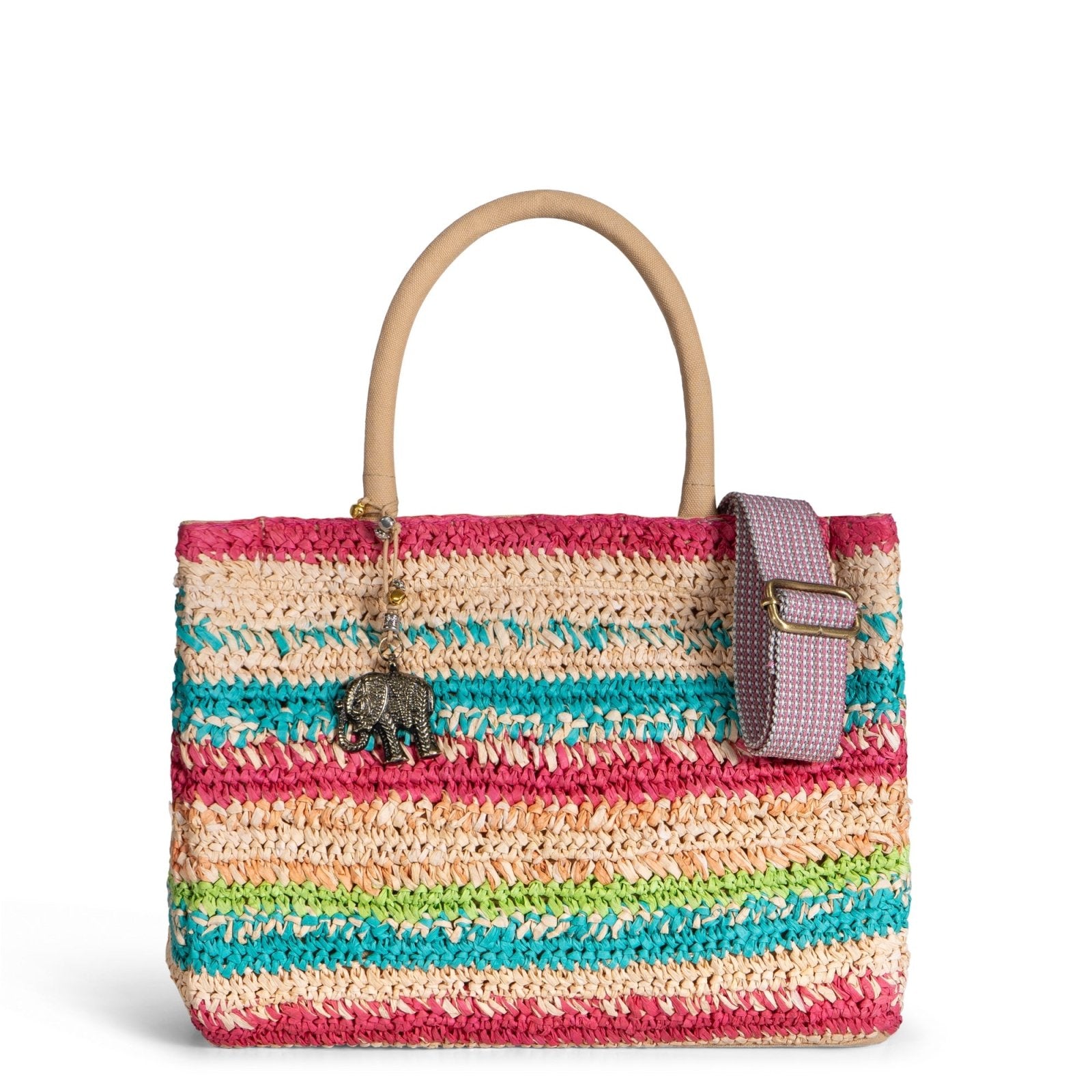 Tote Bag aus Bast mittlere Größe Handarbeit Streifen - ANOKHI