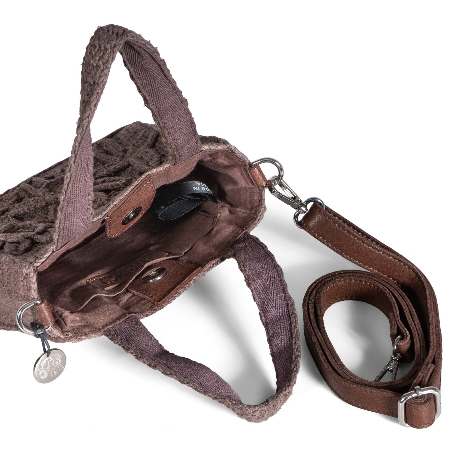 Tote Bag klein gehäkelt Handarbeit Blumenmuster braun - ANOKHI