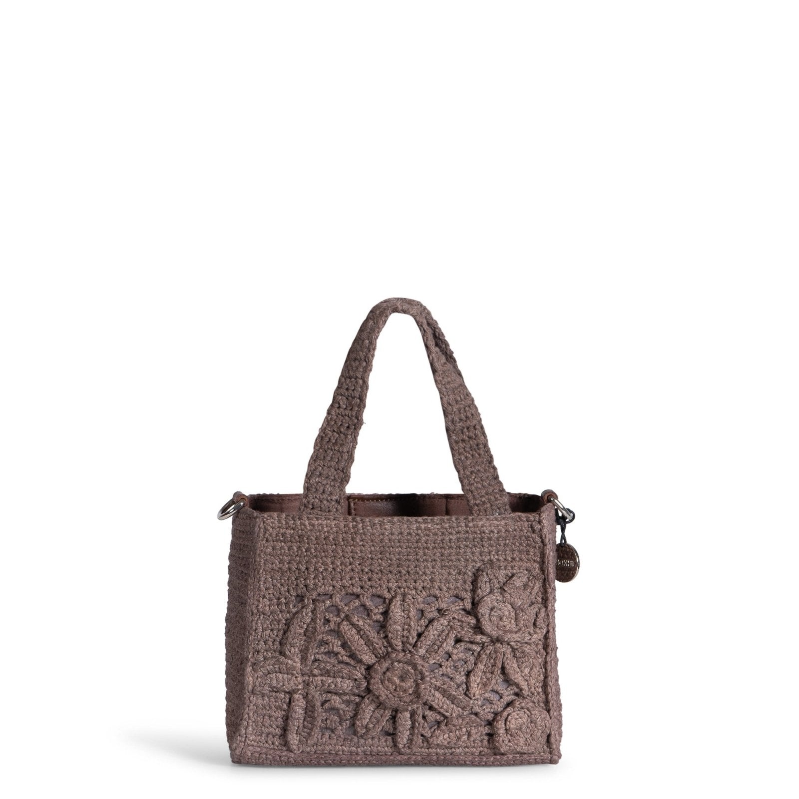 Tote Bag klein gehäkelt Handarbeit Blumenmuster braun - ANOKHI