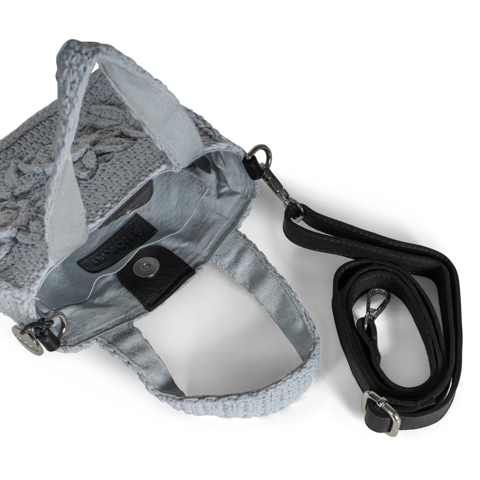 Tote Bag klein gehäkelt Handarbeit Blumenmuster hellblau - ANOKHI