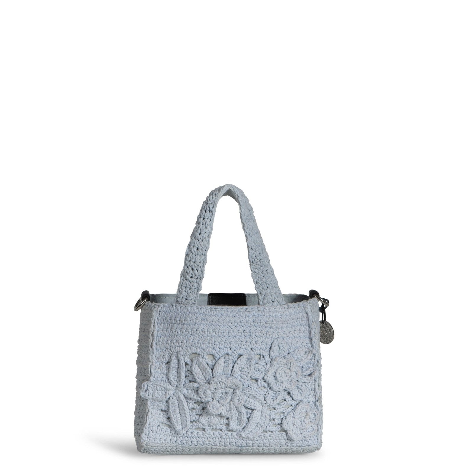 Tote Bag klein gehäkelt Handarbeit Blumenmuster hellblau - ANOKHI