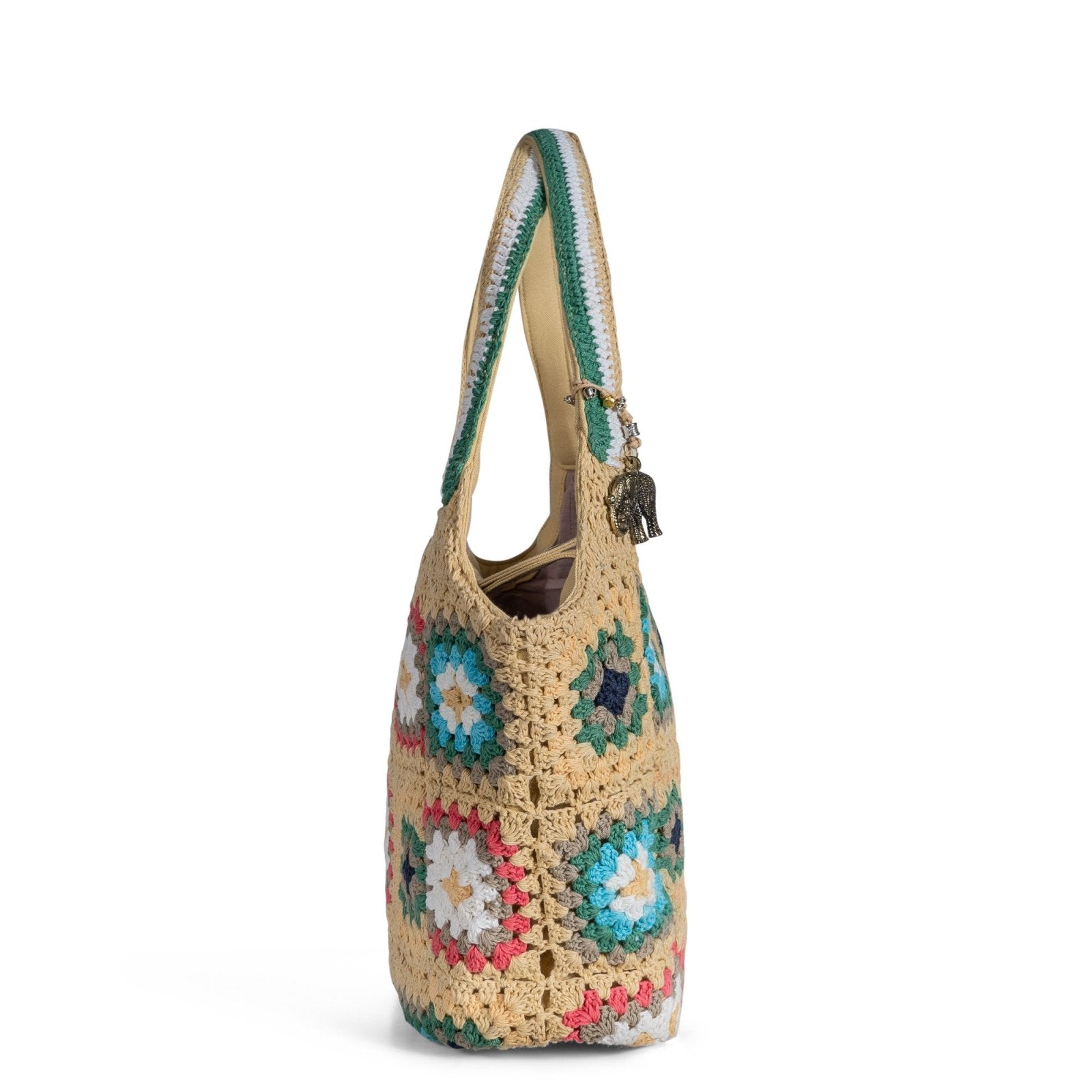 Tote Bag mittlere Größe gehäkelt Handarbeit beige multicolor - ANOKHI