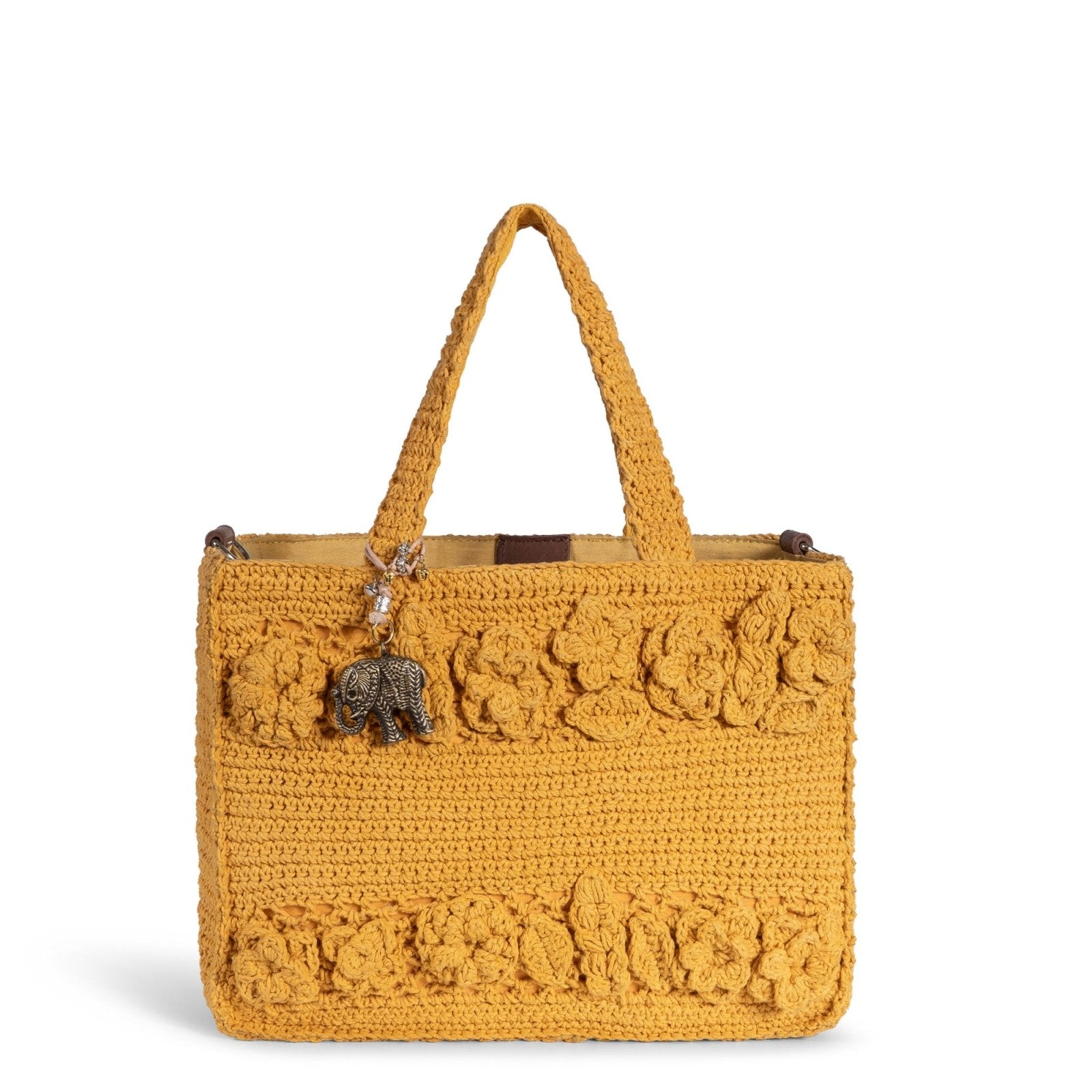 Tote Bag mittlere Größe gehäkelt Handarbeit Blumenmuster gelb - ANOKHI