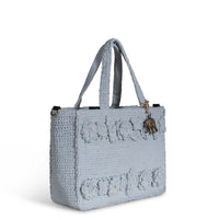 Tote Bag mittlere Größe gehäkelt Handarbeit Blumenmuster hellblau – 3