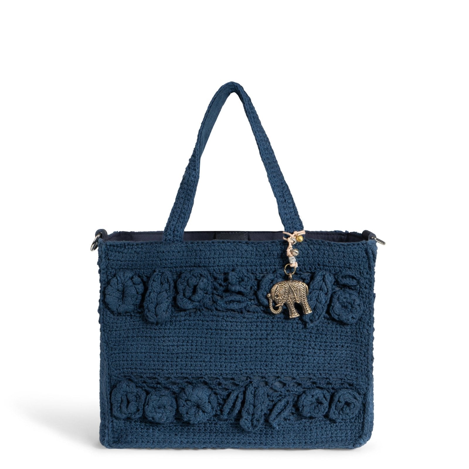 Tote Bag mittlere Größe gehäkelt Handarbeit Blumenmuster navy - ANOKHI