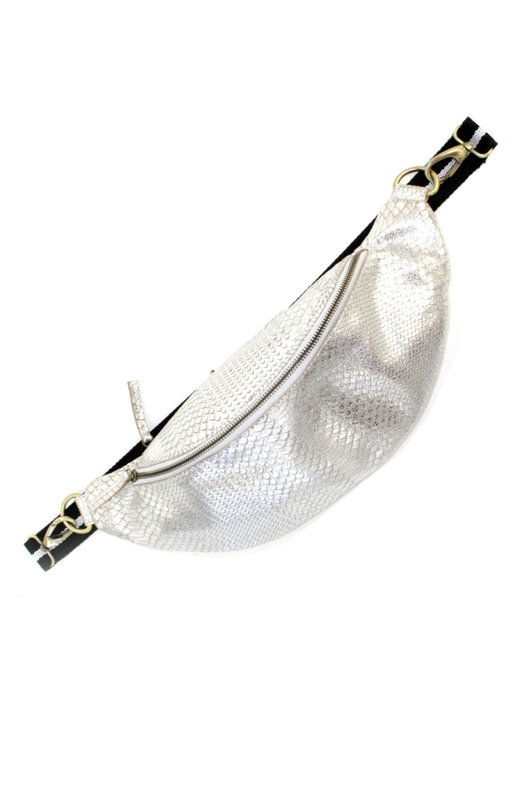 Charlie L" Silberne Beltbag aus Leder in Reptilienoptik - ANOKHI